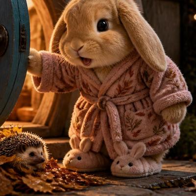 Latte at her round cottage door